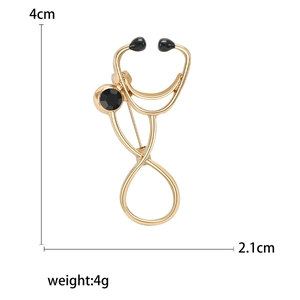 Golden stethoscope brooch with black gemstone, 4cm height professional medical badge pin