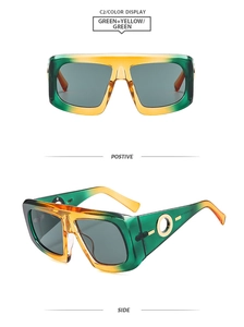 Detail of square gradient green and yellow sunglasses with gold circular temple accents