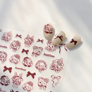 Detailed view of vintage rabbit and bow nail stickers applied on glitter nude nails