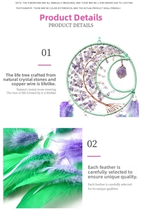 Detail of tree of life dreamcatcher with purple crystal stones and green feathers
