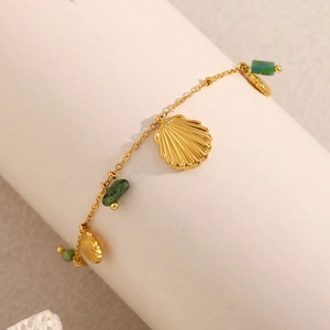 Bracelet De Cheville Pendentif Coquillage Acier Inoxydable Plaqué Or 18K Perles Vertes Bijoux De Plage Ajustable Pour Femmes