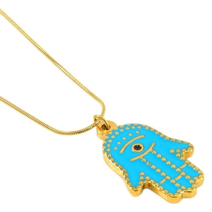 Vintage Hamsa Hand necklace in gold with blue Turkish evil eye and snake chain