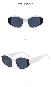 Detailed front and side views of irregular white-black geometric sunglasses with grey lenses