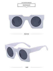 Detail view showing white square frame sunglasses with round grey lenses from multiple angles
