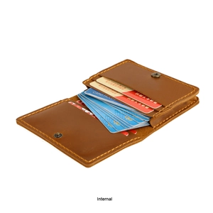 Macro view of vintage crazy horse leather card holder with precise handmade stitching details