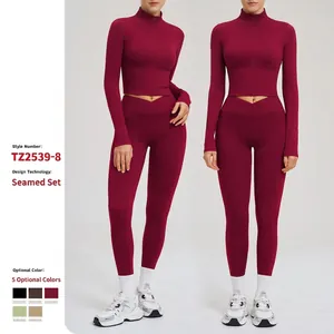 Women Top And Bottom Yoga Suit Slim Fit Zipper Long Sleeve Jacket and High Waist V-Cross Leggings Nylon Spandex Activewear