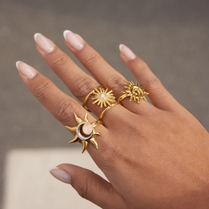 Ensemble de 3 bagues ajustables en acier inoxydable 18K avec pierre de lune et soleil