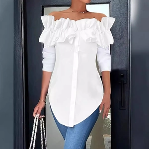 Elegant white off-shoulder ruffle shirt with long sleeves and front button detailing