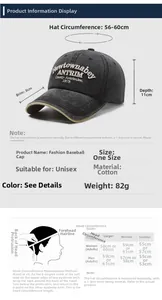 Detailed size chart for vintage washed cotton baseball cap with measurements and embroidery