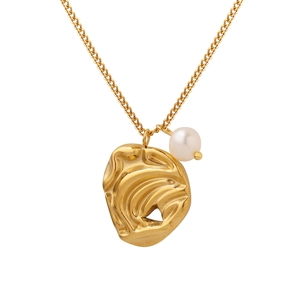 Freshwater Pearl Pendant Necklace Irregular Organic Lava Texture Titanium Steel 18K Gold Plated Retro Fashion Women Jewelry