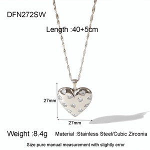 Detailed view of silver heart pendant with cubic zirconia and stainless steel chain dimensions