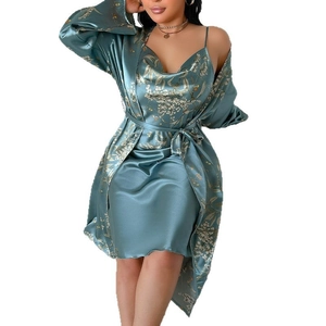 Elegant plus size floral satin sleepwear set with camisole dress and belted robe