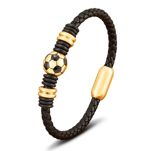 Handwoven black leather bracelet for men featuring gold soccer beads and stainless steel clasp