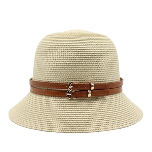 Chic beige straw sun hat with dual brown leather belts and gold buckles for women