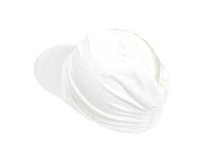 Detail of white sun hat featuring wide brim and pleated fabric texture for sun protection