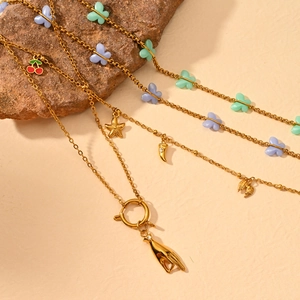 Gold 18K stainless steel necklace with colorful butterfly and ocean style pendants