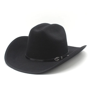 Close-up of black felt cowboy hat with fine leather band and silver metal buckle detail