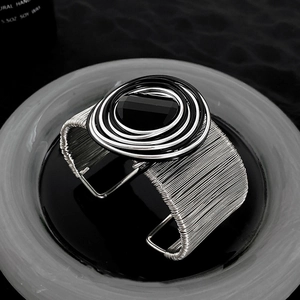 Artistic silver multi-layer wrap open bangle with oval black resin stone in punk style