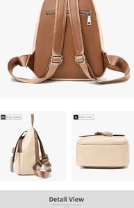 Detailed views of color-block backpack with adjustable straps and secure rear zipper pocket