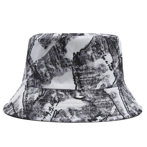 Foldable sun hat for women featuring black and white ink graffiti art with wide brim