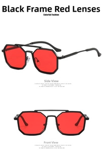 Detail of steampunk octagonal sunglasses featuring black metal double bridge and red lenses