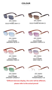 Multiple colors of rimless square sunglasses with gold metal frames and wood grain temples