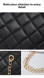 Detailed close-up showing the black quilted leather texture and gold chain on the square bag