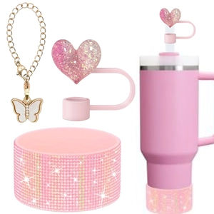 Pink glitter water bottle accessories set with butterfly chain, heart straw cap and rhinestone boot