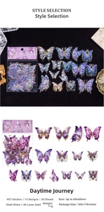 Detail of vintage PET butterfly stickers with laser holographic and gold foil stamping effect