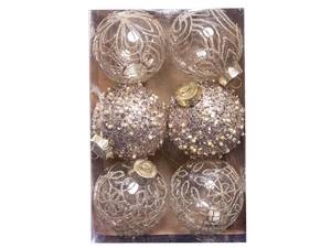 Set of 6 Christmas ornaments featuring gold glitter patterns and pearl beads in a box