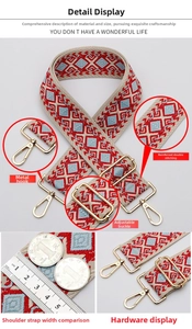 Close-up of 5cm ethnic geometric embroidered bag strap with golden metal hardware