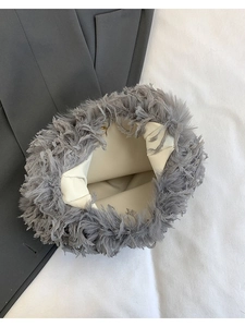 Furry grey underarm bag with plush fringe and cream white PU leather lining detail