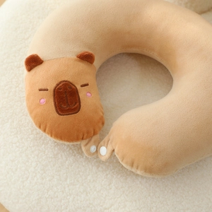 Cute Capybara plush U-shaped travel neck pillow with soft fabric and snap closure
