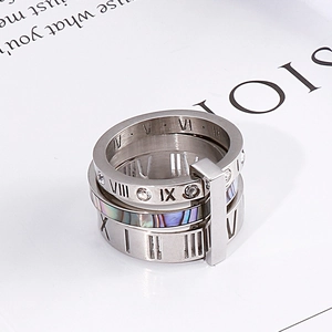 Detailed view of titanium ring with Roman numerals and colorful shell inlay