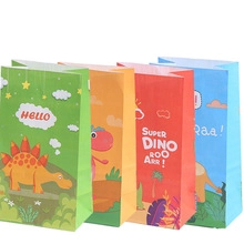 Row of colorful cartoon dinosaur paper gift bags with handles in green, yellow, red and blue