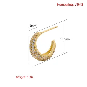 Minimalist gold C-shape hoop earrings with micro-paved cubic zirconia gemstones