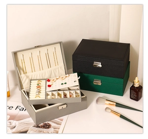 Detail view of multi-layer jewelry organizer in gray, black and green leather textures