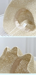 Detail of paper straw hat inner sweatband with wash label and scalloped edge finish