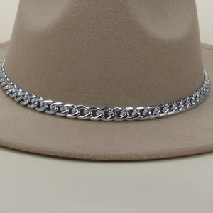 Close-up of the silver metal chain detail on a khaki wool wide-brim fedora hat