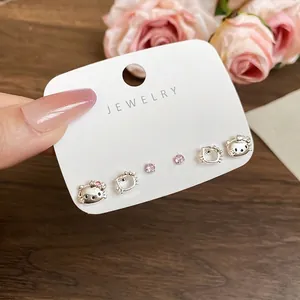 Handheld card with 6-piece Hello Kitty cat zircon stud earrings set for women