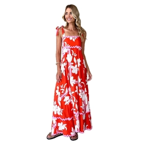 Floral A-line maxi dress with red floral print and pink wavy lace trim details