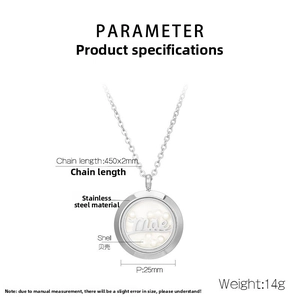 Detailed view of silver stainless steel shell pendant necklace with product dimensions