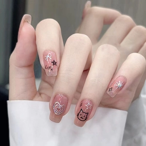 Cute Cartoon Bunny Cat Press On Nails Pink Jelly Glossy Heart Star Patterns Medium Square Round Wearable For Women Girls