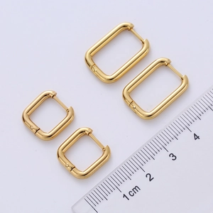 Polished gold minimalist rectangular hoop earrings set with size reference measurement