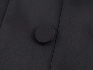 Detail of a black herringbone wool blazer showing a fabric-covered button and texture