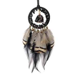 Handmade dreamcatcher car hanging ornament with black natural stone and feathers