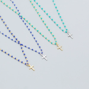 925 Sterling Silver Cross Pendant Necklace With Colorful Beads Zircon Inlaid Elegant Dainty Clavicle Chain For Women