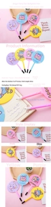 Macro view of cartoon angel fan pens with blue ink bullet tip and cute character patterns
