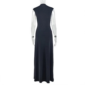Detail view of the back of a slim fit sleeveless navy maxi dress with high neck