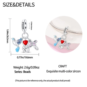 Detailed size chart for silver hummingbird and peace gesture charm with colorful zircons